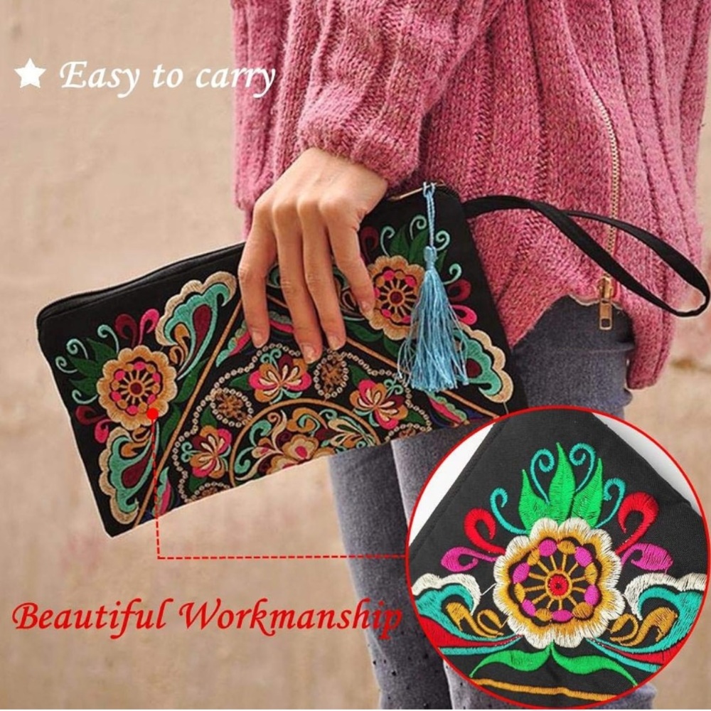 Floral Embroidered Black Wristlet/Clutch - Picture 8 of 15